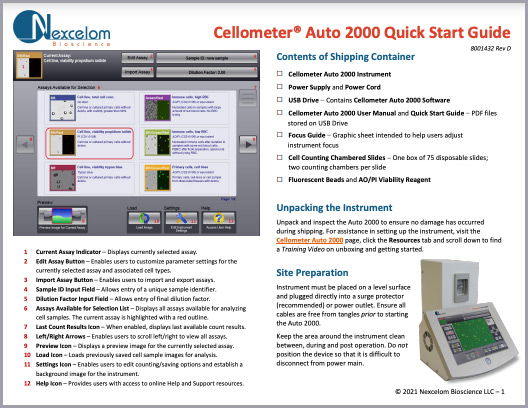 Cellometer Auto 2000 Quick Start Guide